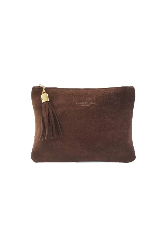 Shaker Chocolate Brown Suede Tassel Clutch