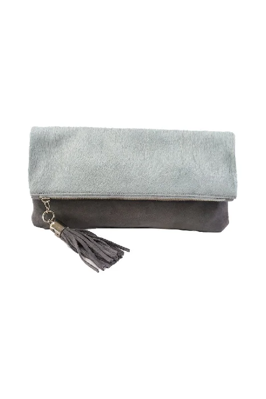 Grey Hair on Hide Reversible to Grey Suede Foldover Clutch