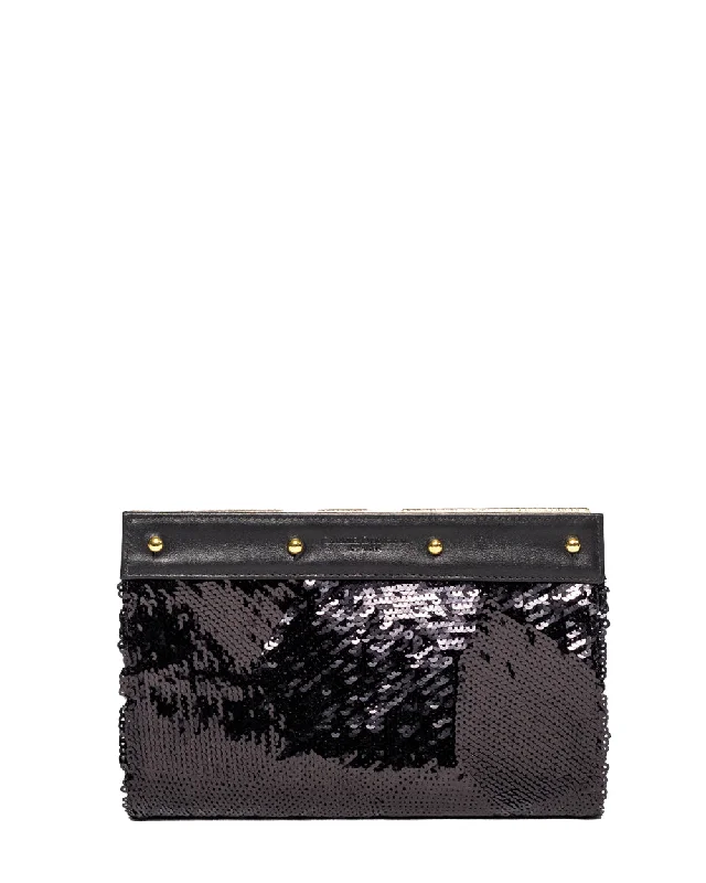 Lizzie Reversible Clutch Cover: Black Hair on Hide to Black Geometric Sequins