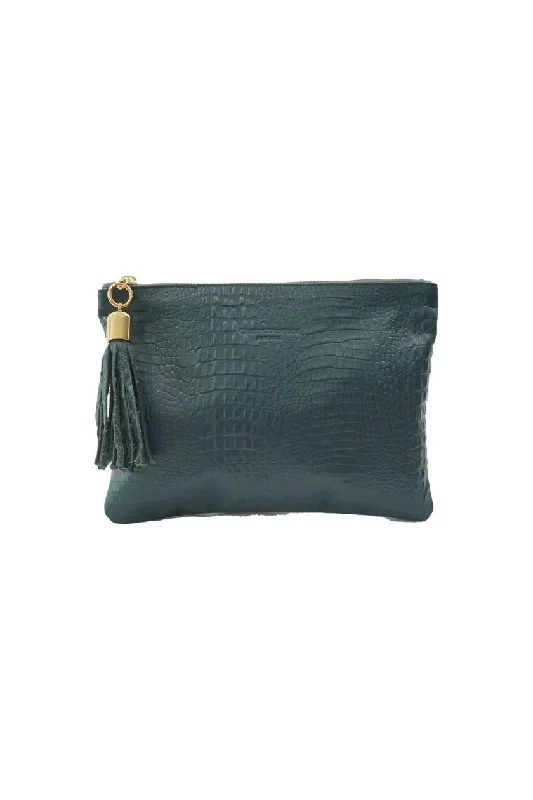 Shaker Blue Spruce Croc Embossed Tassel Clutch