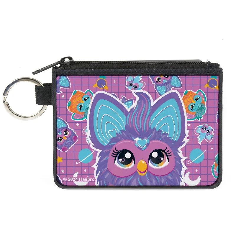 Canvas Zipper Wallet - MINI X-SMALL - Furby Purple Excited Furby Pose and Icons Grid Collage Pink/Purple