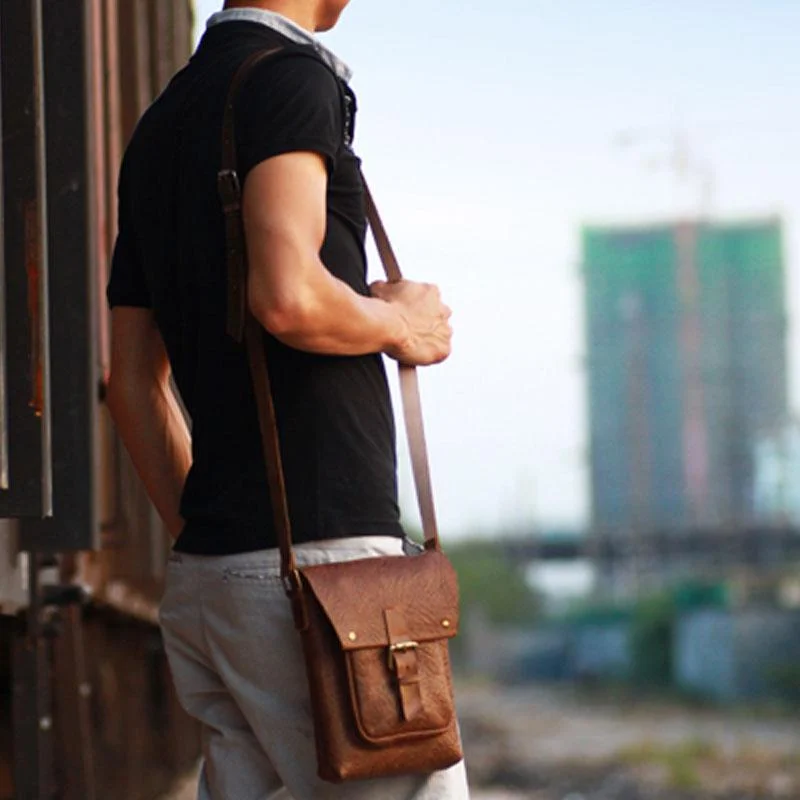 Handmade Vintage Leather Mens Small Messenger Bag Coffee Cell Phone Shoulder Bag for Men