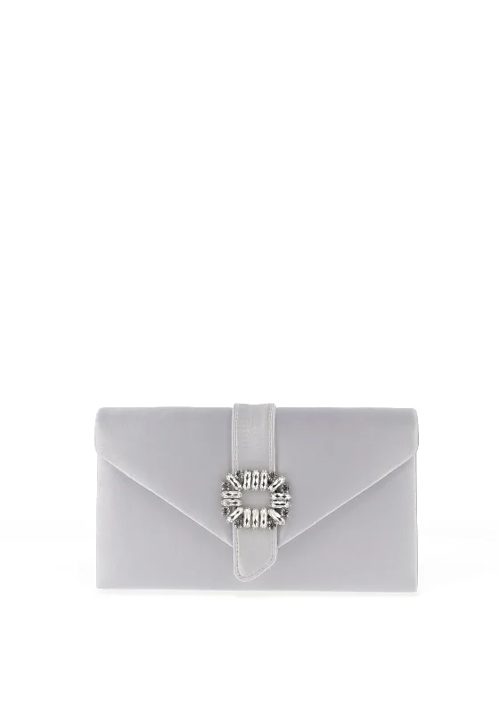 Lunar Elegance Brooch Satin Clutch Bag, Silver