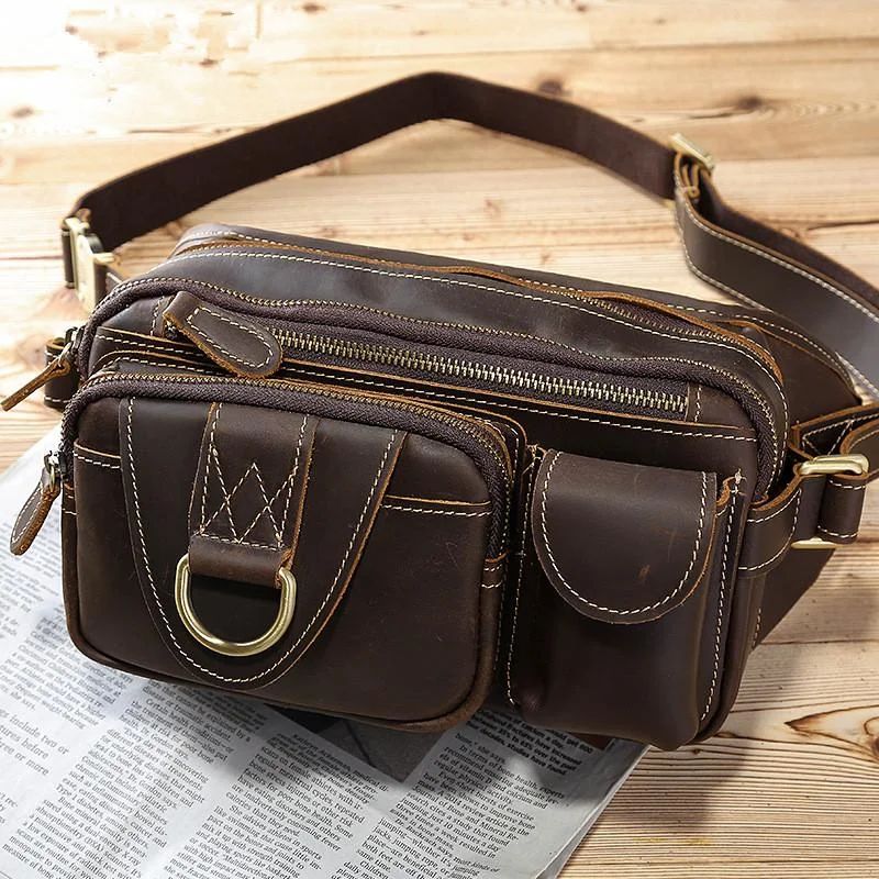 Vintage Large Brown Leather Men's Fanny Pack Brown Waist Bag Hip Pack For Men