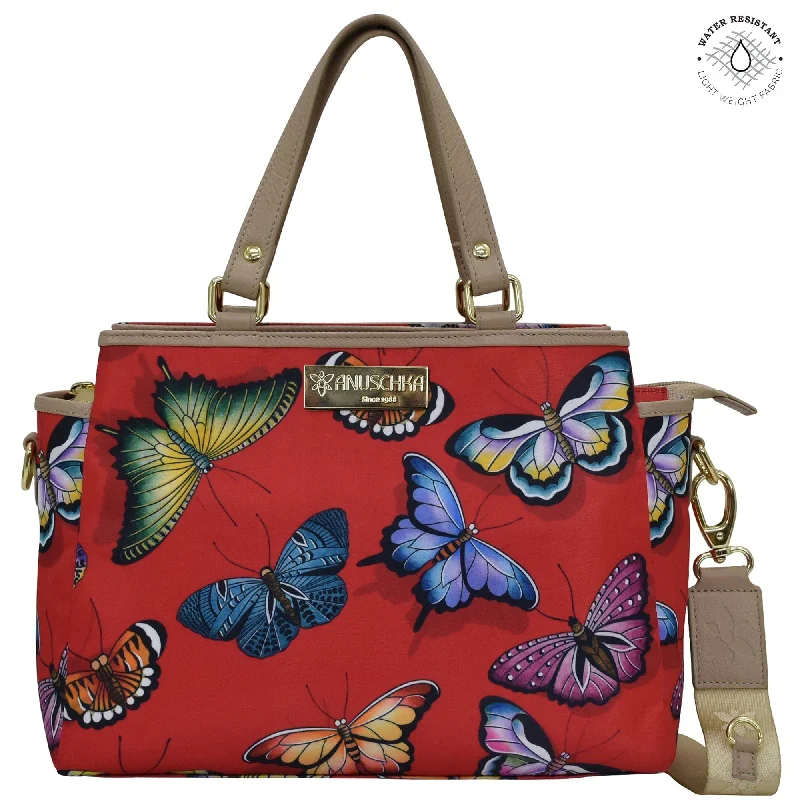 Fabric with Leather Trim Multi Compartment Satchel - 12014