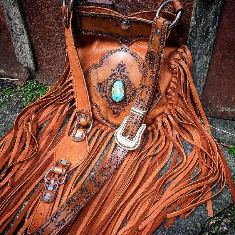 Turquoise Stone Crossbody Bag, Hand-Tooled, Tobacco Deerskin with Sierra Nevada Turquoise