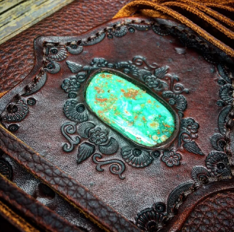 Turquoise Stone Crossbody Bag, Hand-Tooled, Worn Saddle Cowhide with Nevada Emerald Valley Turquoise